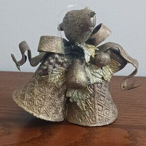 Vintage CHRISTMAS BELLS ORNAMENT, Gilded Look Bird on Christmas Bells Ornament,